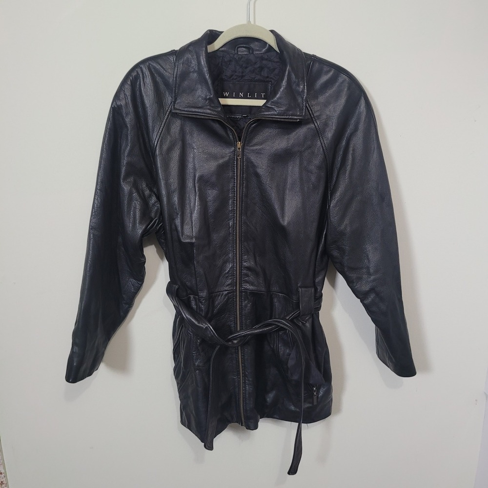 Winlit Size S Leather Jacket Womens Black Belted Zip Up Trench Coat GV